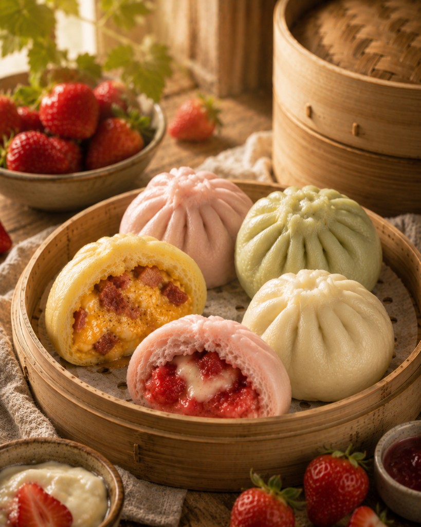 Seasonal Collection sweet and savory steamed buns with strawberries