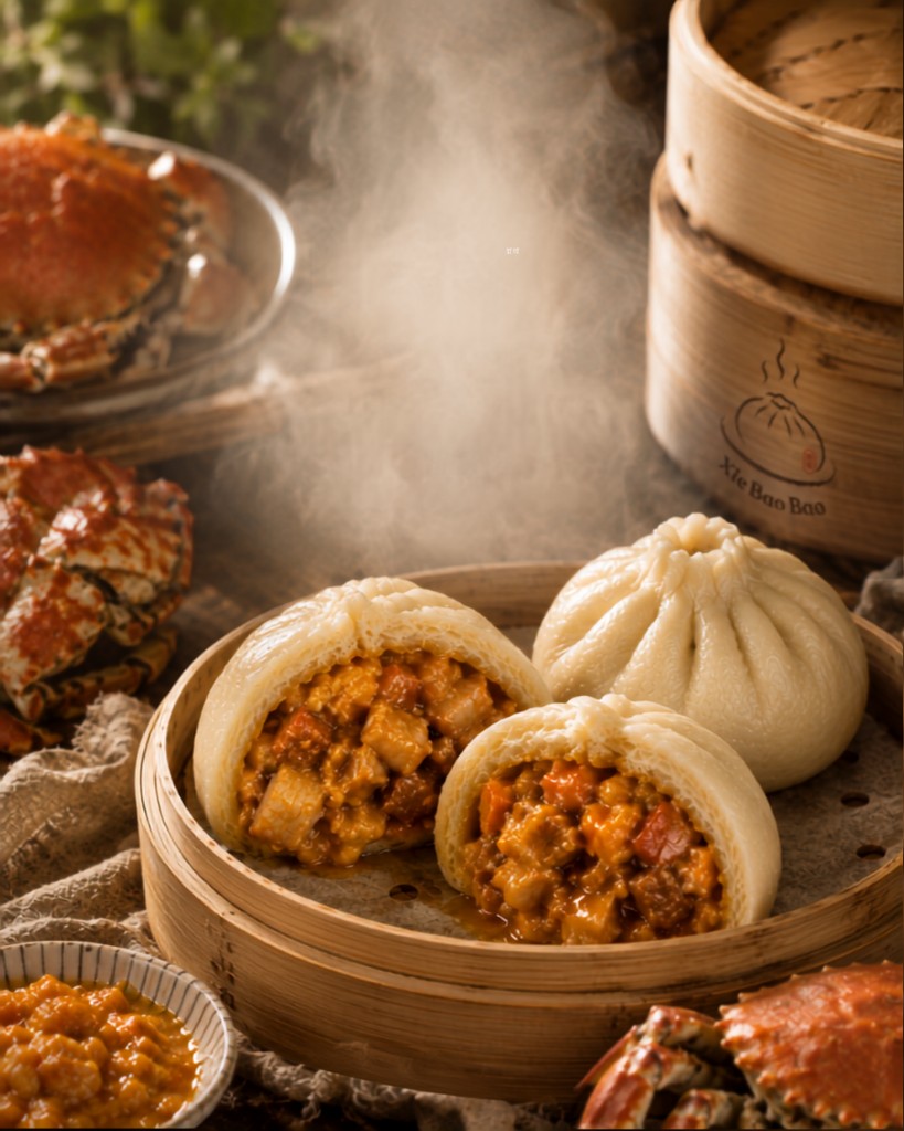 Signature crab roe steamed buns in a bamboo steamer