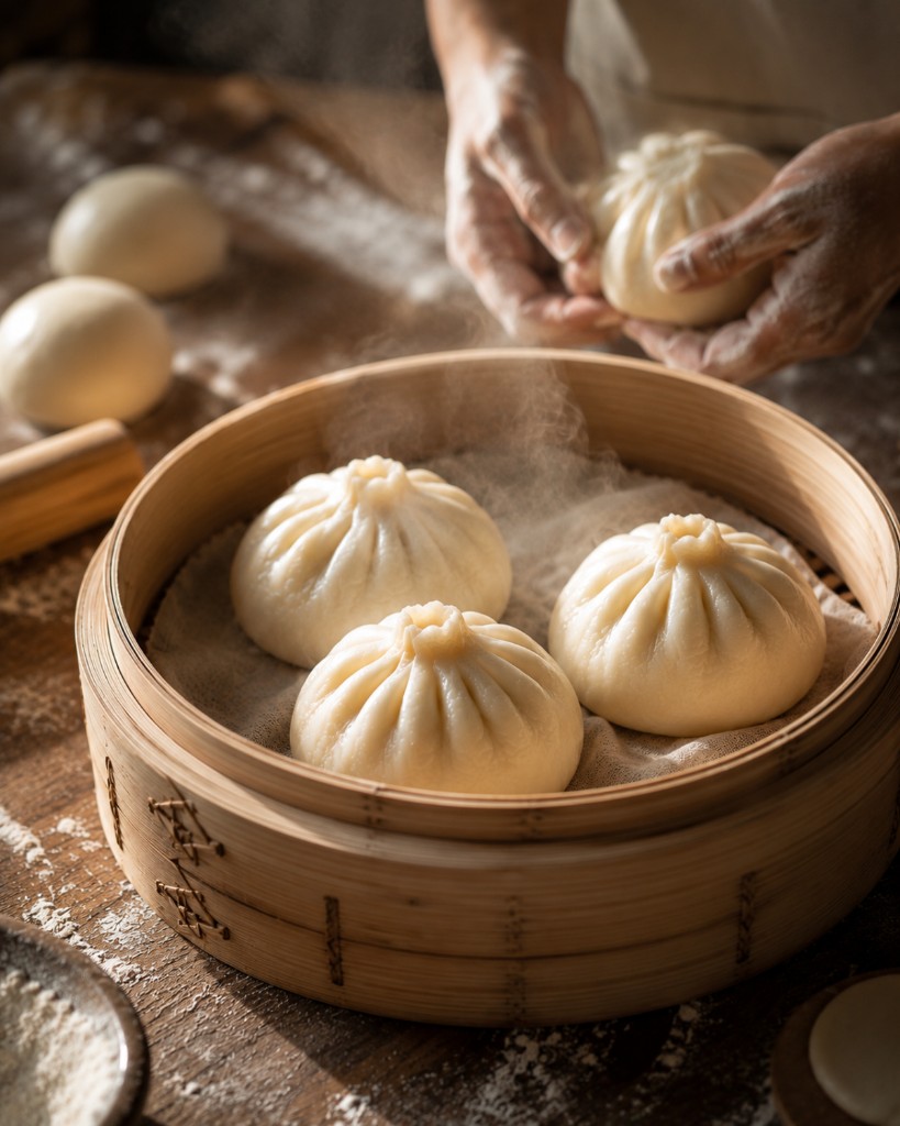 Handmade steamed buns rising fresh from a bamboo steamer