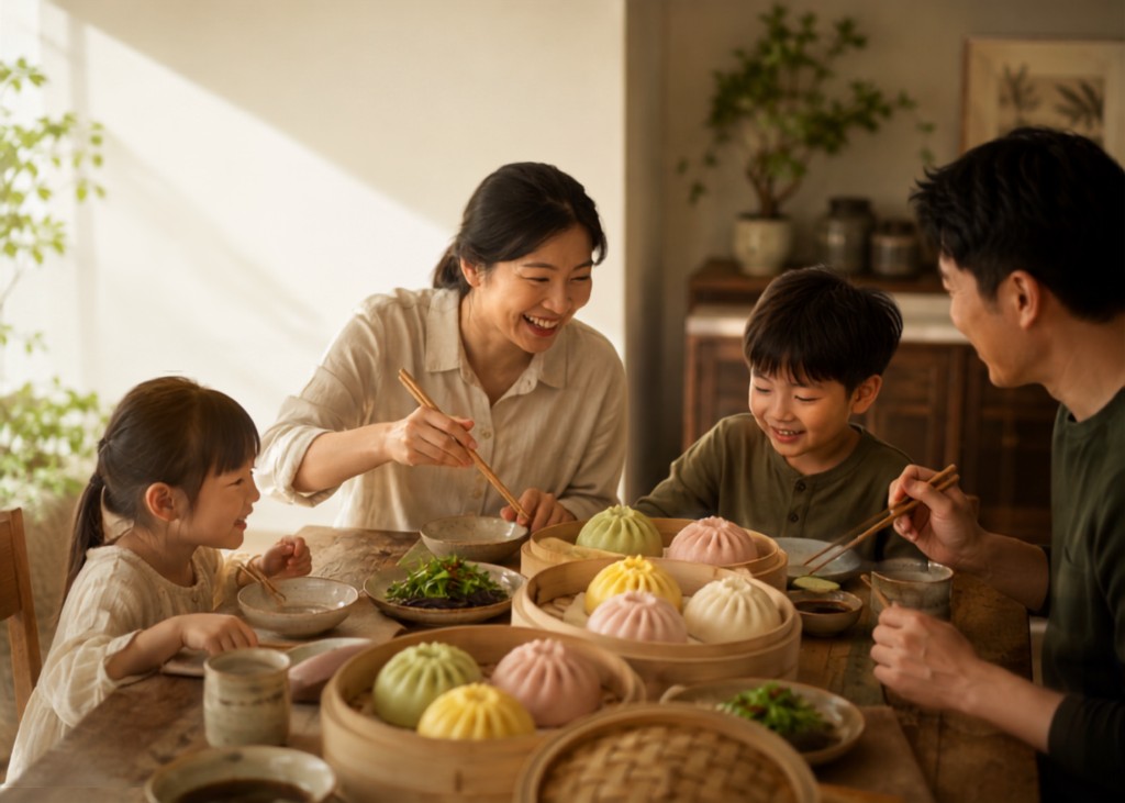 A family sharing handmade buns at the dinner table